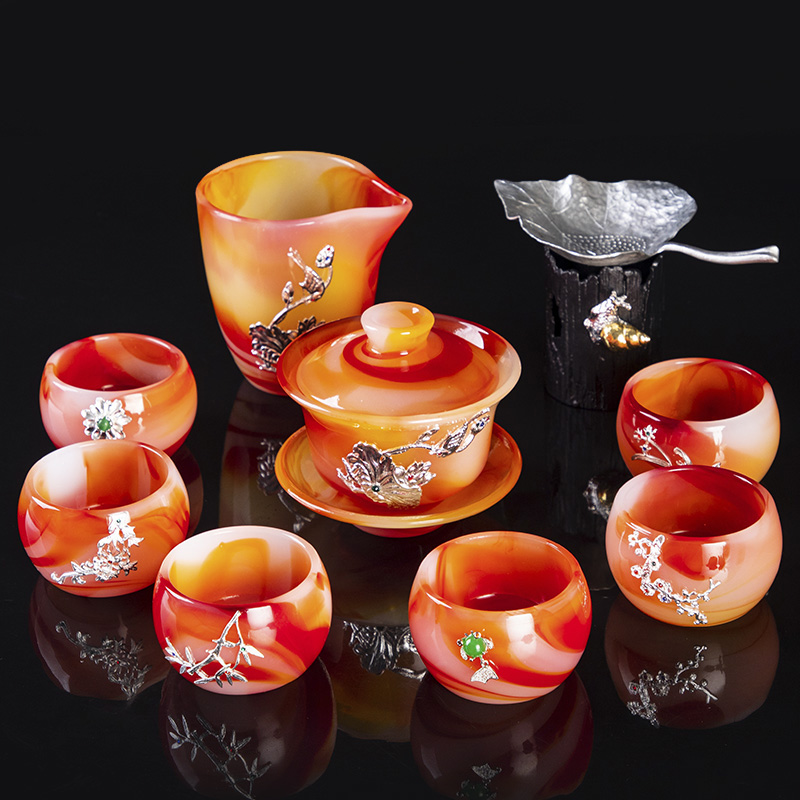 Tea set cover bowl glass jade onyx red glass tea brewer home living room office meeting gift box gift