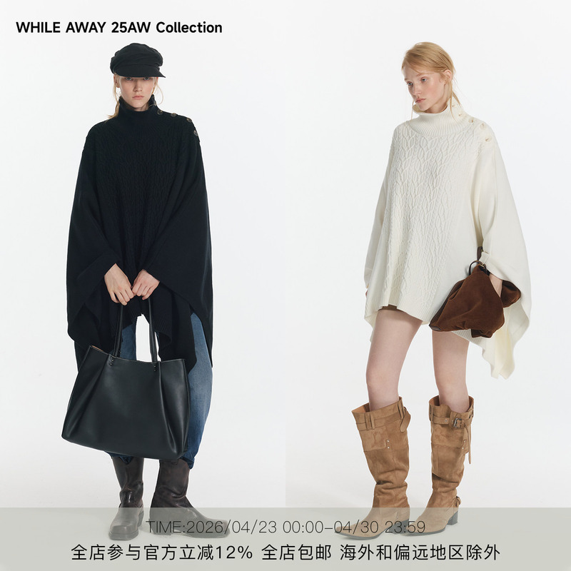 While Away* Turtleneck Sweater Cape with a Lazy and Elegant Style, Cable Knit Top That Slims the Figure, Batwing Sleeves, Pullover with Irregular Design