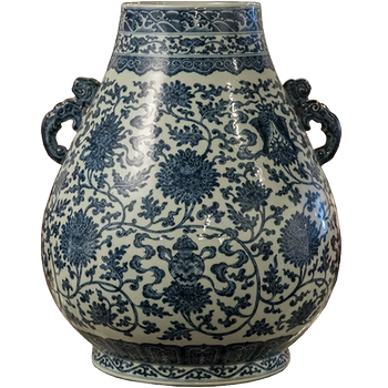 Qing dynasty blue and white lotus with eight auspicious cow heads