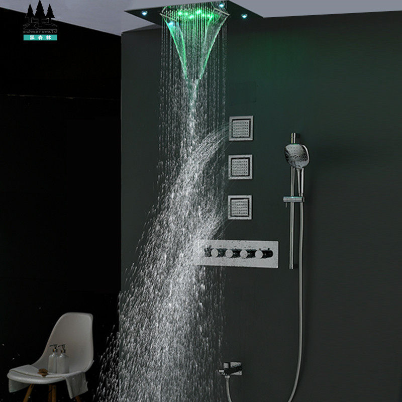 Black Forest Wall Mounted Waterfall Shower with Side Spray Recessed Ceiling Head Shower Led Mood Light