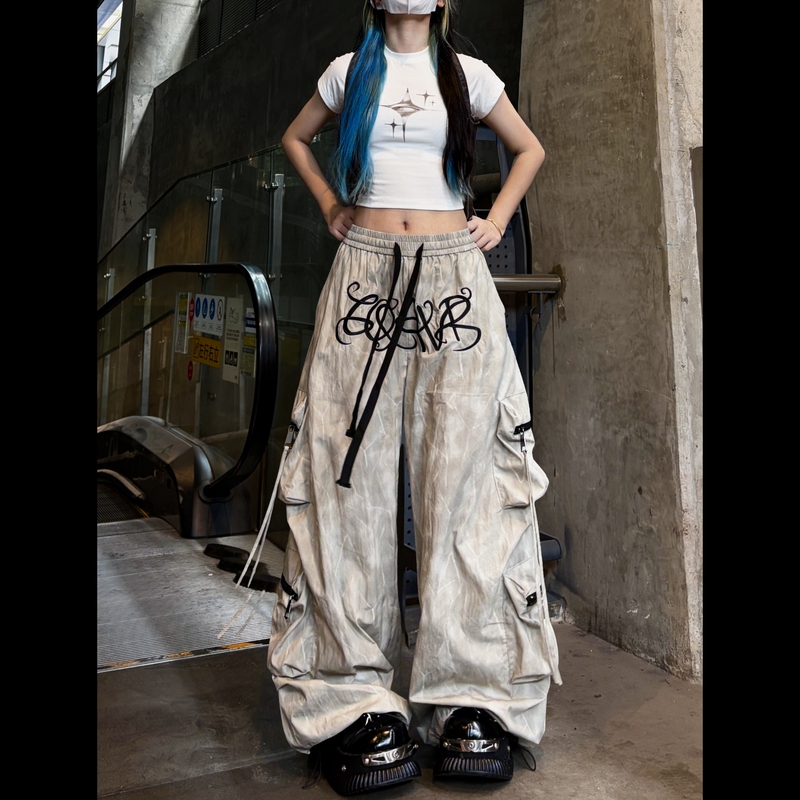 American-Style Letter Embroidery Tie-Dye Yellow Large Pocket Drawstring Street Dance Parachute Pants Jazz Hip-Hop Wide-Leg Pants