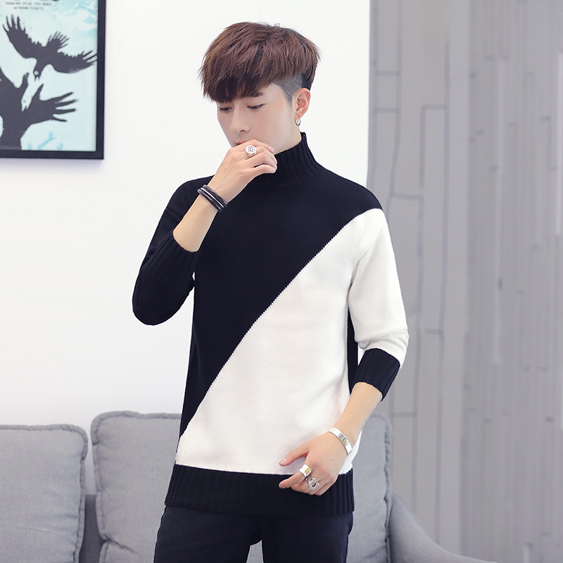 色拼接男装秋季新款韩版百搭加厚半高领毛衣男