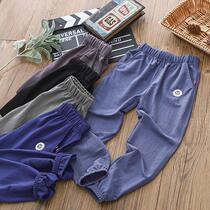 Childrens thin summer anti-mosquito pants solid color boy elastic Ice Silk hemp cotton long pants