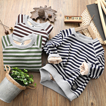 Boys striped sweater 2020 Autumn and Winter new children plus velvet tide medium big boy foreign boy stripe base shirt