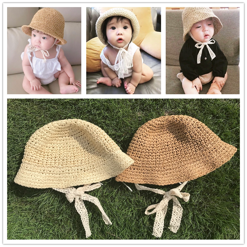 Net red baby straw hat summer sunscreen hat men and girls sun hat tide 1-2 years old children fisherman hat thin section