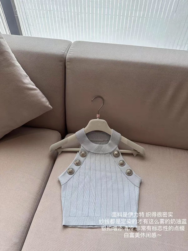 Cream Mist Blue Minibike* Yilite Fabric Light Blue Halter Neck Silver Buckle Elastic Vest