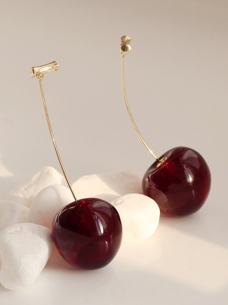 Super positive wine red cherry cherry earrings Long version of the face thin drop earrings feminine temperament Korean net red earrings