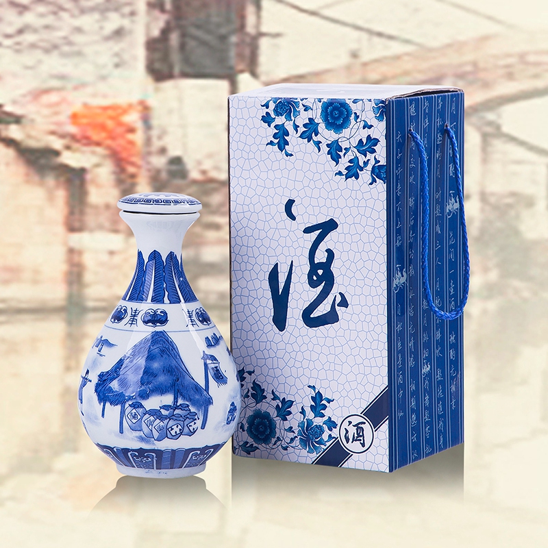 Bình gốm 1 kg Bình gốm 1 kg bình đựng rượu phù hợp với thùng carton Đóng gói sứ màu xanh và trắng - Rượu vang cốc uống rượu