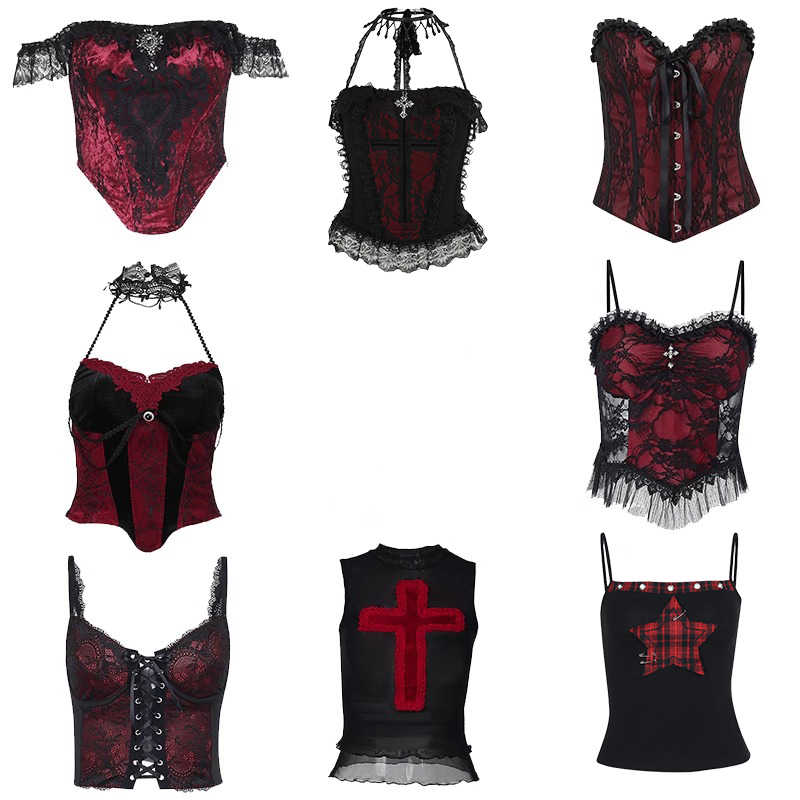 Gothic Dark Halloween Outfit Red and Black Top Sexy Corset Fishbone Bustier Waist Cincher Lolita Tank Top Camisole