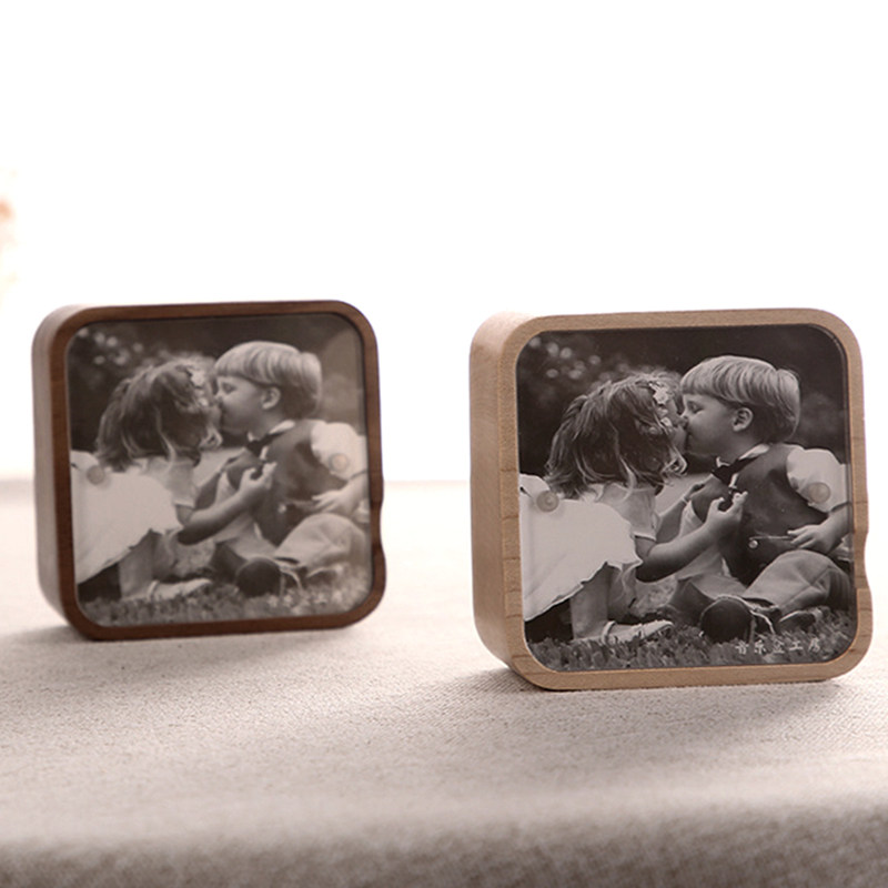 Wooden square photo frame music box creative photo clockwork music box Qixi Festival children's birthday gift female