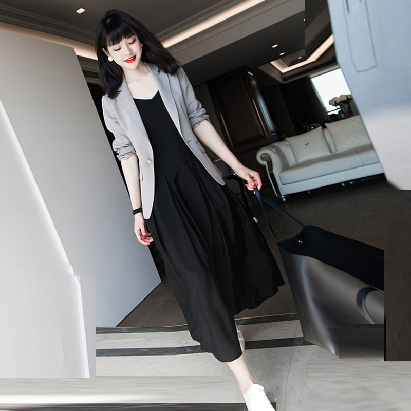 2021 early autumn new French waist slimming temperament small suit long skirt condole belt two-piece dress women