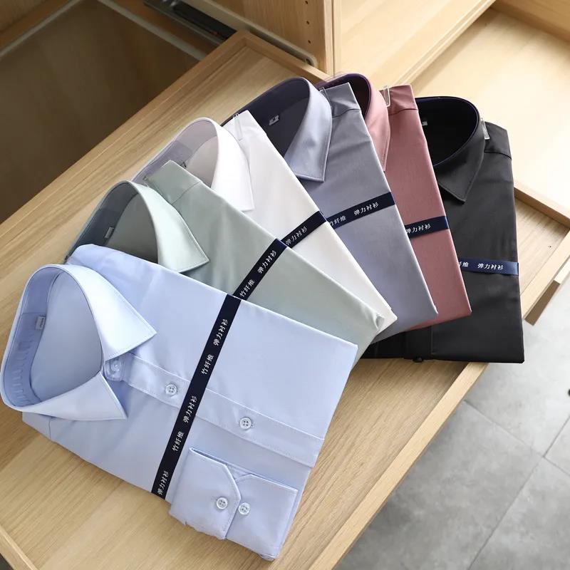 Elastic Bamboo Fiber Anti-wrinkle Pro-Skin Fall Men Commute Business Casual Pure Color Long Sleeve Shirt T3568
