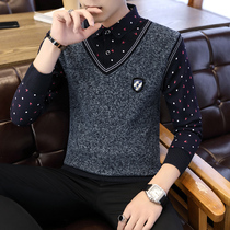 Mens sweater vest autumn and winter knitwear thick Korean version of the trend personality fake two-piece mens shirt lead shirt