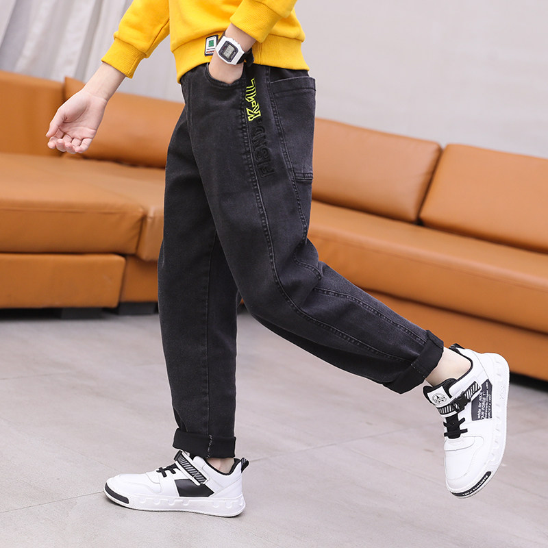 Medium and large children jeans casual spring and autumn winter plus velvet boys pants thick 2020 new children loose tide