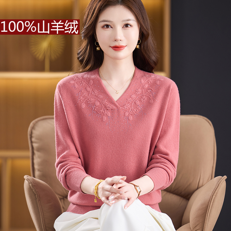 Ordos City V-Neck 100% Cashmere Sweater for Women, Loose Fit, Plus Size Knitwear, Middle-Aged Mother's Base Layer Shirt