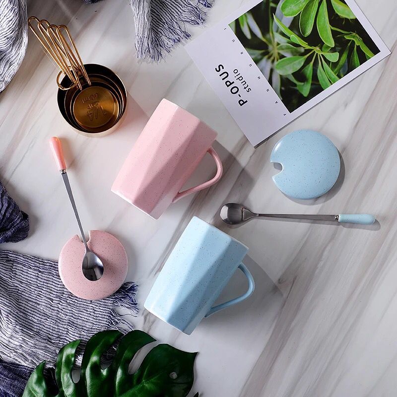 Creative glass keller is natural ceramic cup capacity contracted picking spoon coffee cup milk glass cup with cover