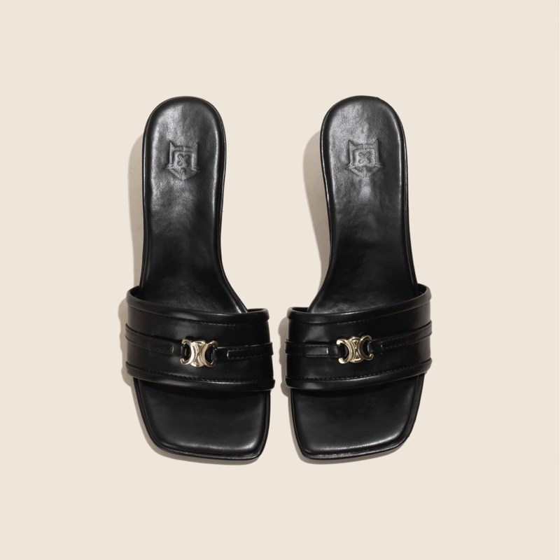 Michael Kimi Black Metal Buckle Open-Toe Sandals for Women 2026 Summer New Square-Toe Slip-On Sandals