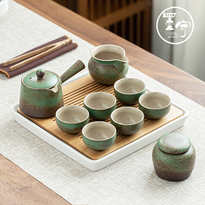 By grass green tea kungfu tea set suit household Japanese zen contracted ceramic cups tea tray gifts