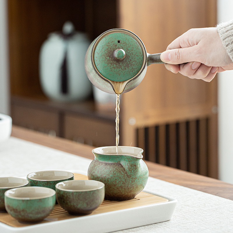 By grass green tea kungfu tea set suit household Japanese zen contracted ceramic cups tea tray gifts