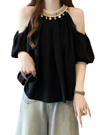 Plus Size Women's Clothing with Tummy-Covering Design, Beaded Collar, Off-Shoulder Shirt for Women, Summer Loose and Slimming Chiffon Shirt for Chubby Girls