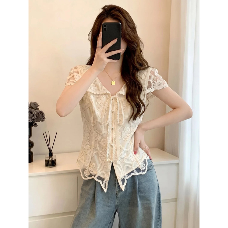 Plus-Size French-Style Elegant V-Neck Lace Shirt for Women, Summer 2026, Embroidered Waist-Cinching Slimming Top for Curvy Women Plus-Size French-Style Elegant V-Neck Lace Shirt for Women, Summer 2026, Embroidered Waist-Cinching Slimming Top for Curvy Women