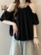 Plus Size Women's Clothing with Tummy-Covering Design, Beaded Collar, Off-Shoulder Shirt for Women, Summer Loose and Slimming Chiffon Shirt for Chubby Girls
