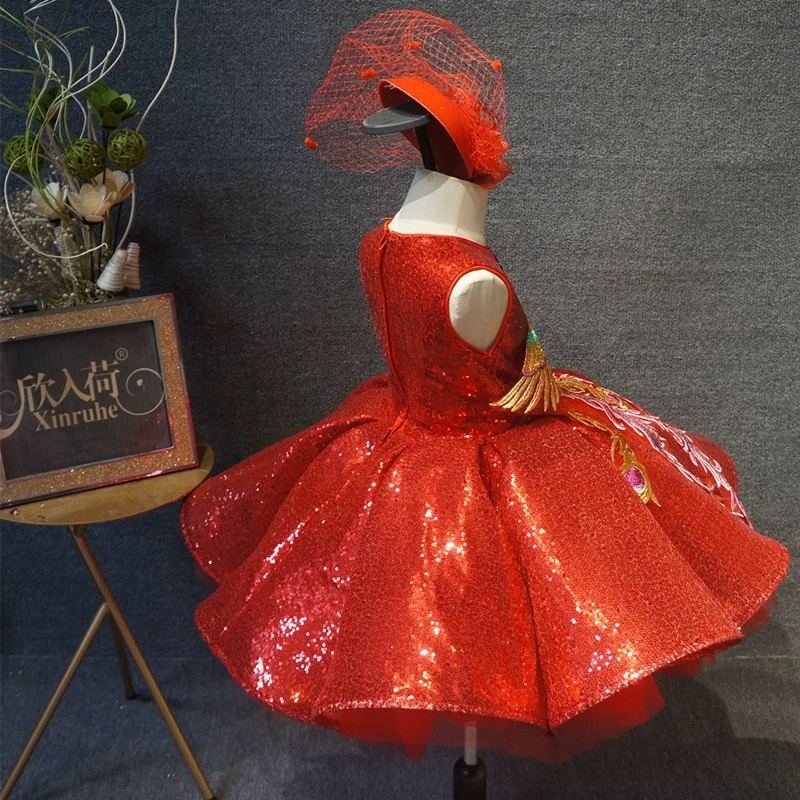 Xinruhe trẻ em váy đỏ cô gái phong cách Trung Quốc váy ngắn tutu dẫn chương trình Năm mới, trang phục catwalk - Váy trẻ em