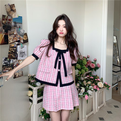 Flower Demon Original 2023 Summer Retro Fragrance Style Puff Sleeve Pink Plaid Shirt and Skirt Two-piece Suit