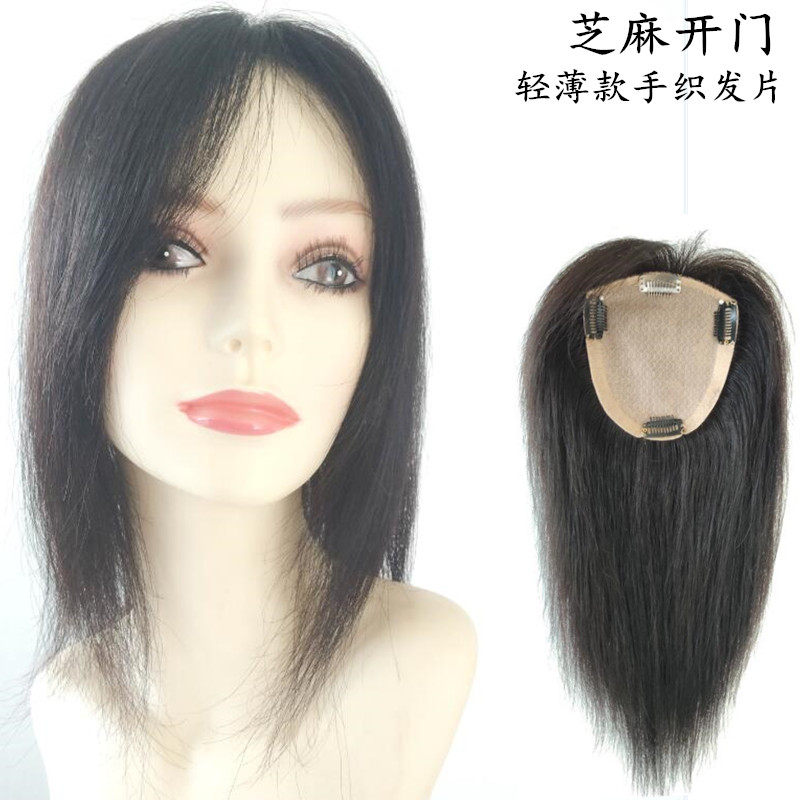 Real people hand a hair piece to cover white hair overhead scarce supplement hair adding hair light and thin delivery needle process