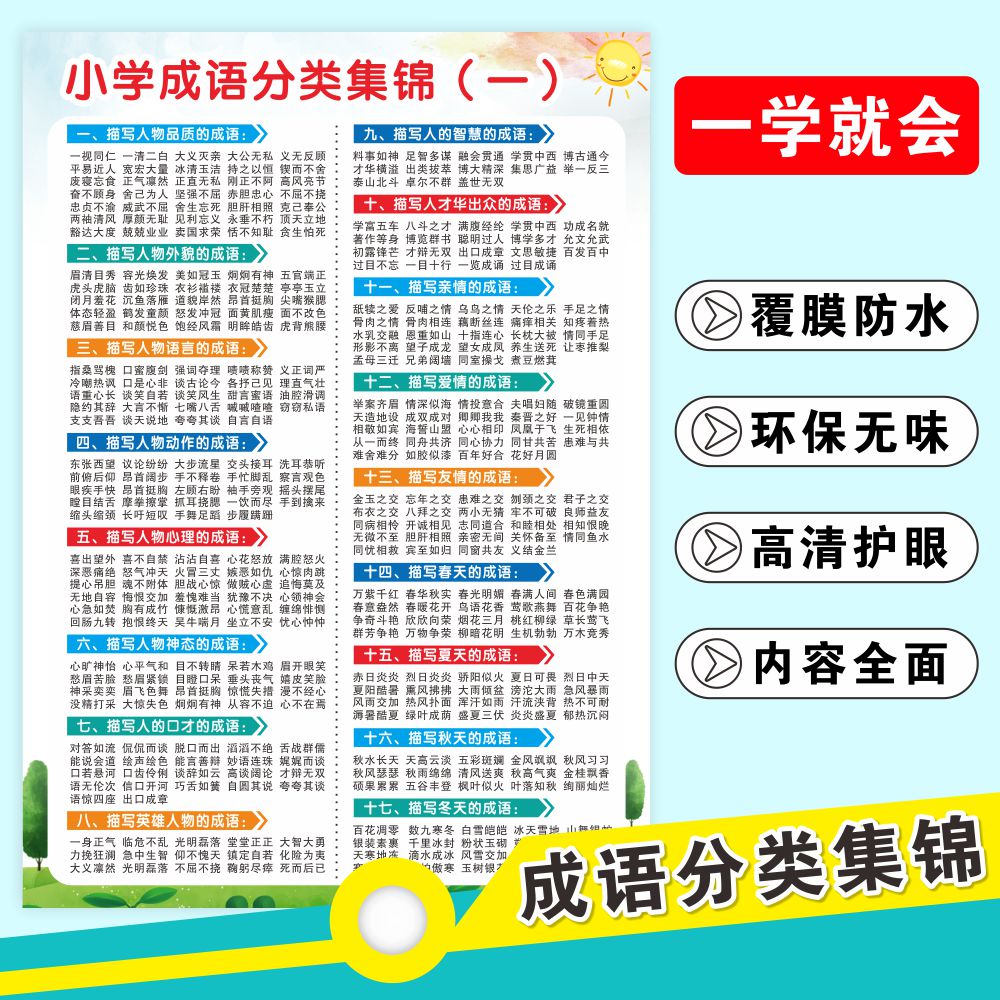 Complete classification of primary school students synonym general language knowledge classification summary common sense synonym antagonic word wall poster