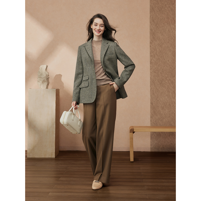 British Imported Fabric, Chanel-Style Herringbone Twill, High-End Pure Wool Suit, Tweed Jacket, Women's Coffee-Colored Coat
