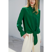 Green silk shirt female design sense niche light cooked retro Hong Kong flavor lace-up French shirt 2020 new summer