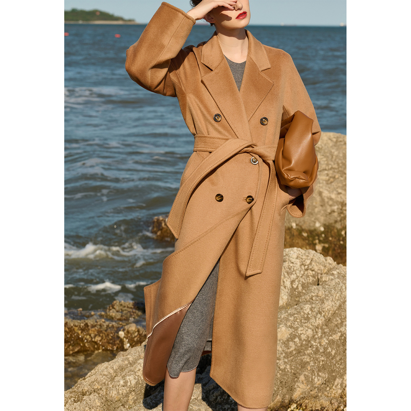 Riz!70 High-End Cashmere Coat for Women, Mid-Length, Double-Sided Camel Color, Thickened Woolen Coat for Winter 101801