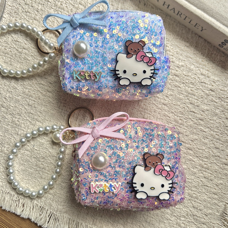Korean-Style Cute Kt Cat Sequin Storage Bag, Sweet Macaron Color Makeup Bag, Versatile Portable Coin Purse, High-End Korean-Style Cute Kt Cat Sequin Storage Bag, Sweet Macaron Color Makeup Bag, Versatile Portable Coin Purse, High-End