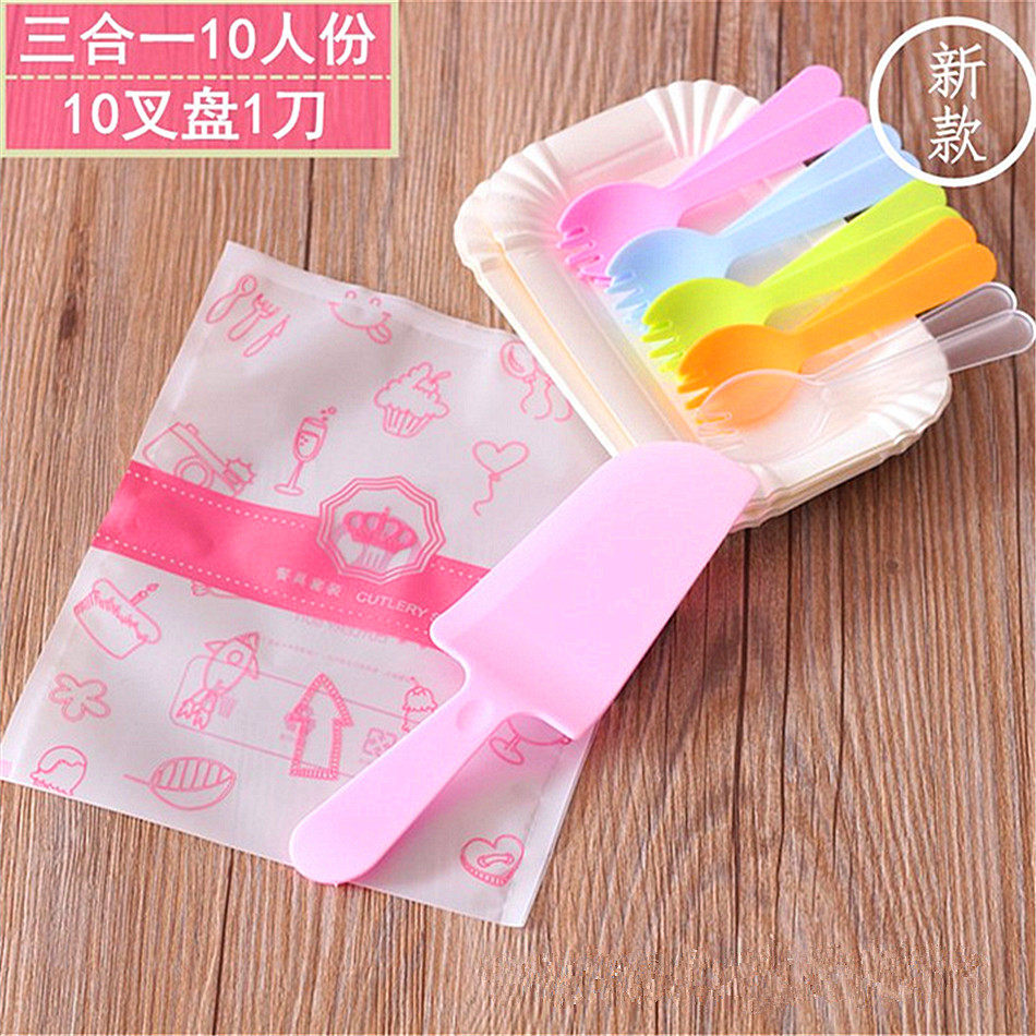 Color Birthday Cake Cutlery Fork Spoon Suit Disposable Cake Fork Tray Combined Suit Fork Dish Knife Fork Tray