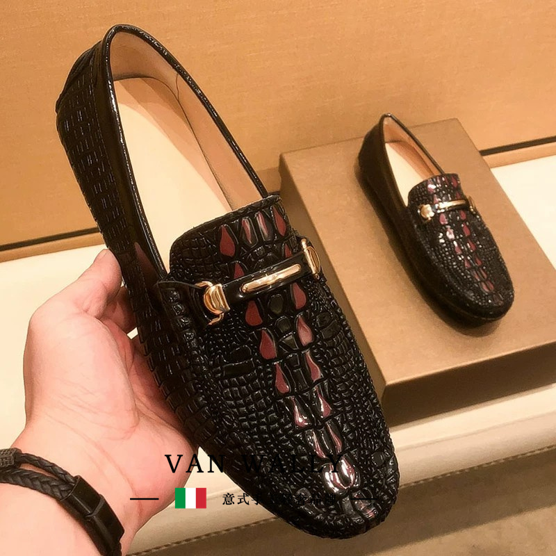 Van Wally Crocodile Pattern Loafers for Men, Summer Genuine Leather Breathable Casual Men's Shoes, Slip-On Leather Shoes