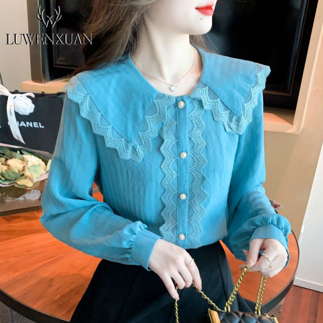 Doll collar chiffon shirt women's spring clothing 2022 new European goods Western style super fairy top beautiful lace shirt