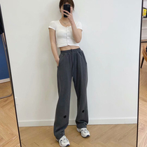 Fried Street American Loose Sports Pants Women Love Sticu 2022 Casual Bunches Pants Grey High Waist Straight Drum Sweatpants