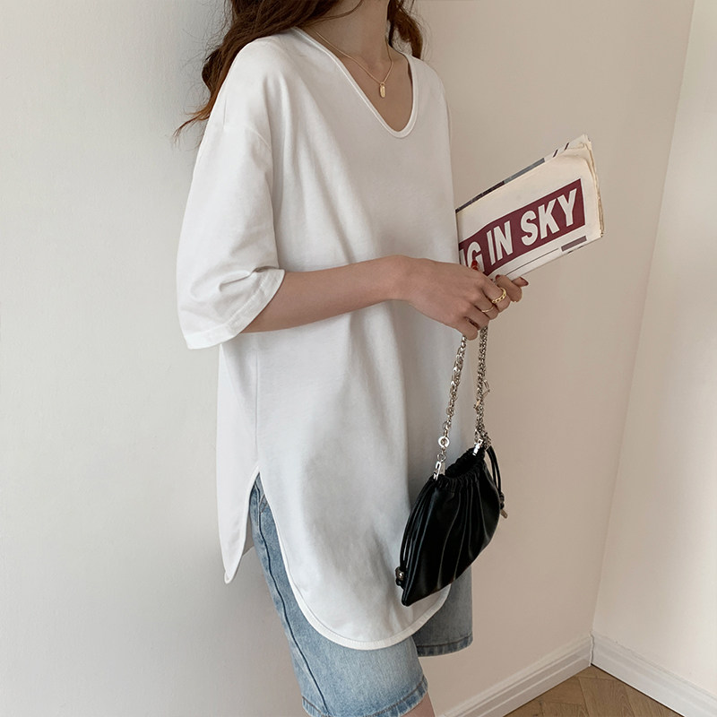 White T-shirt woman 2022 Summer years New pure cotton U collar arched lower swing open fork medium long version short sleeve T-shirt female ins