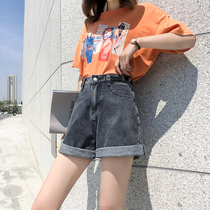Big code denim shorts female summer 2022 new fat mm tightness waist wide leg loose with high waist 200 catty of a thin wave