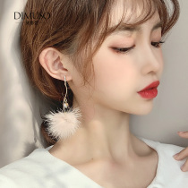 Hair ball stud earrings autumn and winter temperament high-grade sterling silver earrings wild match net red earrings round face thin long drop earrings