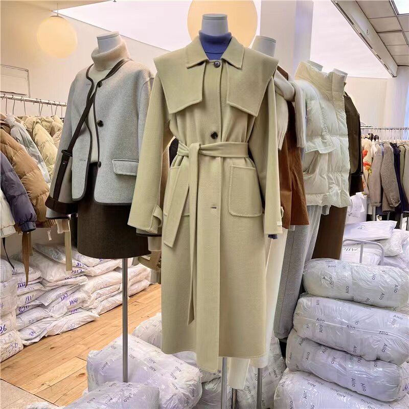 ALLO winter clothing 2021 new navy collar dismantling bifacial cashmere coat with long version of warm jacket female tide 028