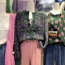 double seven round neck floral sweater womens autumn and winter New single-breasted vintage small flower knit top cardigan