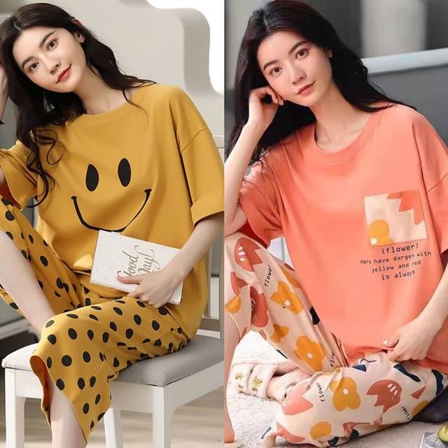 Pyjamas for women summer style pure cotton 100% ພາກຮຽນ spring and autumn short-sleeved cropped pants 2024 new size size can be wear outside home clothes