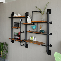 Industrial wind wine rack Wrought iron water pipe wall shelf Creative wall decoration Vintage solid wood bookshelf partition wall hanging