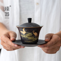 Zhenyi large three-cap Bowl single non-hot teacup tea cup tea cap bowl ceramic bowl with lid tea set retro
