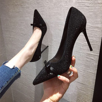 Spring Fall 2021 New Girl Rhinestones Stiletto Heel Pointed Toe Sexy Little Fresh Black Singles