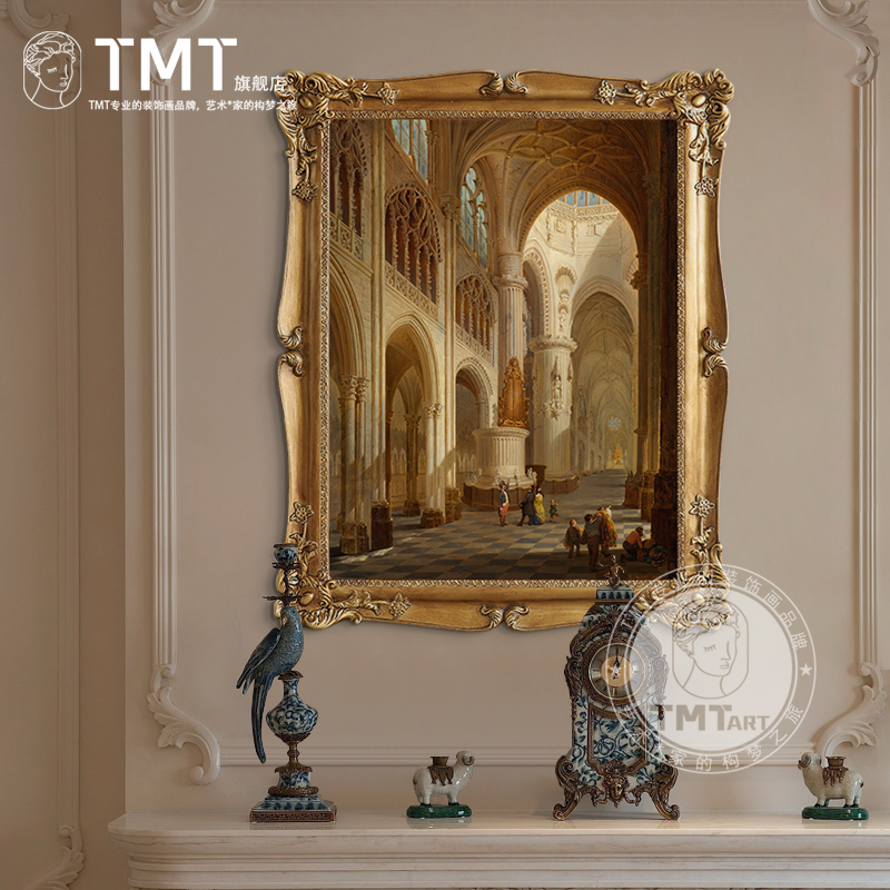 French Retro Entrance Hall Hanging Painting, European Palace Style Living Room and Dining Room Mural Art Ornaments, Carved Picture Frame Decorative Painting