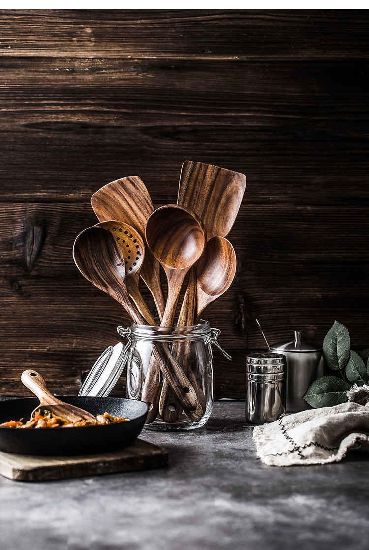 Tếch Thái tự nhiên không dính đặc biệt chảo xẻng xẻng gỗ xẻng muỗng thìa gỗ nấu ăn bằng gỗ - Phòng bếp kệ đựng gia vị inox 304