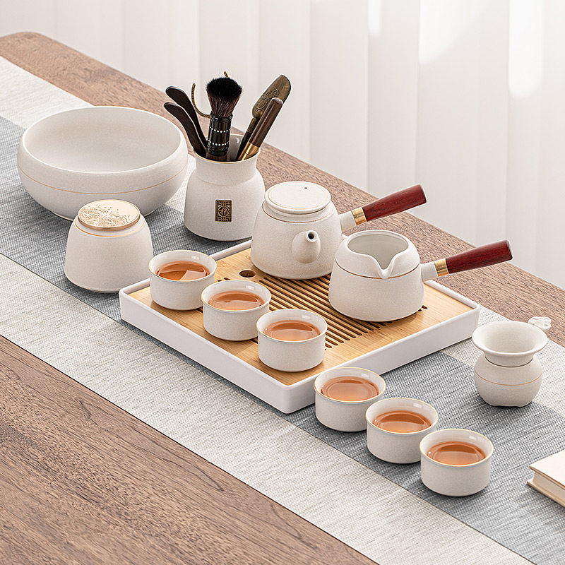 Chinese ceramic kung fu tea set household office light luxury high-end modern minimal tea disk side pot gift box